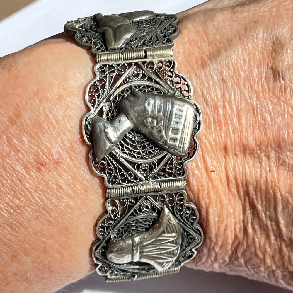 Gorgeous Vintage Egyptian Sterling Silver Filigree Panel Bracelet 7.5” 38.5g